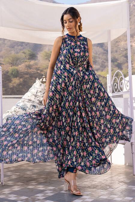 Buy Suruchi Parakh Blue Viscose, Tussar Embroidery Round Neck Floral Print Kurta And Pant Set Online at Aza Fashions Buy_Suruchi Parakh_Blue Viscose, Tussar Embroidery Round Neck Floral Print Kurta And Pant Set _Online_at_Aza_Fashions