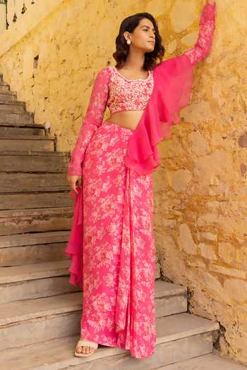 Suruchi Parakh Pink Georgette, Organza Pre-draped Vintage Floral Print Skirt Saree With Blouse Online at Aza Fashions Suruchi Parakh_Pink Georgette, Organza Pre-draped Vintage Floral Print Skirt Saree With Blouse _Online_at_Aza_Fashions
