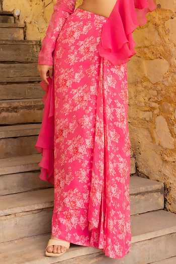 Buy Suruchi Parakh Pink Georgette, Organza Pre-draped Vintage Floral Print Skirt Saree With Blouse Buy_Suruchi Parakh_Pink Georgette, Organza Pre-draped Vintage Floral Print Skirt Saree With Blouse