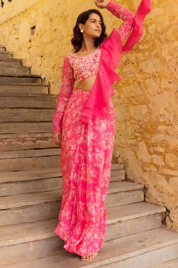 Buy Suruchi Parakh Pink Georgette, Organza Pre-draped Vintage Floral Print Skirt Saree With Blouse Online at Aza Fashions Buy_Suruchi Parakh_Pink Georgette, Organza Pre-draped Vintage Floral Print Skirt Saree With Blouse _Online_at_Aza_Fashions