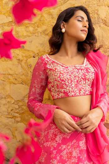 Shop Suruchi Parakh Pink Georgette, Organza Pre-draped Vintage Floral Print Skirt Saree With Blouse Online at Aza Fashions Shop_Suruchi Parakh_Pink Georgette, Organza Pre-draped Vintage Floral Print Skirt Saree With Blouse _Online_at_Aza_Fashions