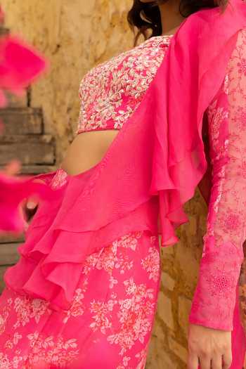 Suruchi Parakh Pink Georgette, Organza Pre-draped Vintage Floral Print Skirt Saree With Blouse at Aza Fashions Suruchi Parakh_Pink Georgette, Organza Pre-draped Vintage Floral Print Skirt Saree With Blouse _at_Aza_Fashions
