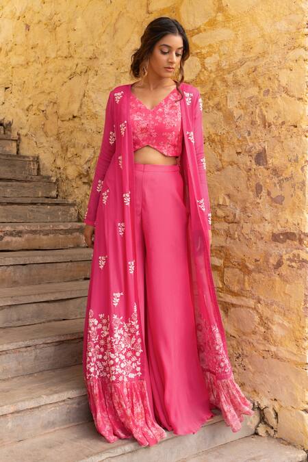 Suruchi Parakh Pink Georgette Embroidery V-, Open Flower Jacket And Flared Pant Set Online at Aza Fashions Suruchi Parakh_Pink Georgette Embroidery V-, Open Flower Jacket And Flared Pant Set _Online_at_Aza_Fashions