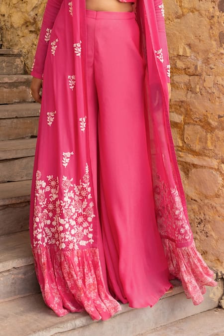 Buy Suruchi Parakh Pink Georgette Embroidery V-, Open Flower Jacket And Flared Pant Set Online at Aza Fashions Buy_Suruchi Parakh_Pink Georgette Embroidery V-, Open Flower Jacket And Flared Pant Set _Online_at_Aza_Fashions
