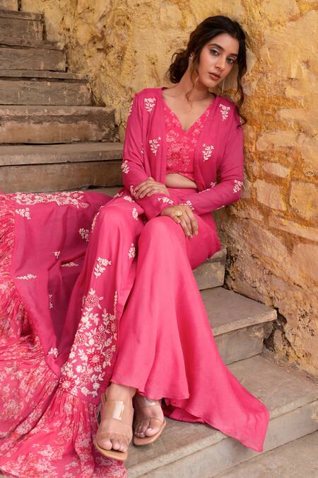 Shop Suruchi Parakh Pink Georgette Embroidery V-, Open Flower Jacket And Flared Pant Set Online at Aza Fashions Shop_Suruchi Parakh_Pink Georgette Embroidery V-, Open Flower Jacket And Flared Pant Set _Online_at_Aza_Fashions