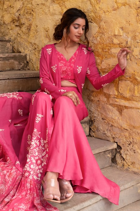 Suruchi Parakh Pink Georgette Embroidery V-, Open Flower Jacket And Flared Pant Set at Aza Fashions Suruchi Parakh_Pink Georgette Embroidery V-, Open Flower Jacket And Flared Pant Set _at_Aza_Fashions