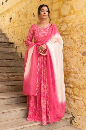 Suruchi Parakh Pink Georgette Embroidery Round Neck Vintage Floral Print Anarkali With Dupatta Online at Aza Fashions Suruchi Parakh_Pink Georgette Embroidery Round Neck Vintage Floral Print Anarkali With Dupatta _Online_at_Aza_Fashions