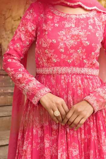 Buy Suruchi Parakh Pink Georgette Embroidery Round Neck Vintage Floral Print Anarkali With Dupatta Online at Aza Fashions Buy_Suruchi Parakh_Pink Georgette Embroidery Round Neck Vintage Floral Print Anarkali With Dupatta _Online_at_Aza_Fashions