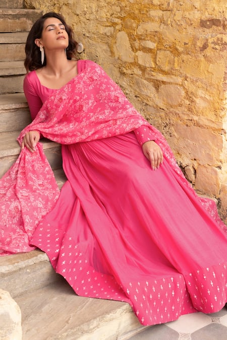 Suruchi Parakh_Pink Georgette, Net Embroidery Round Pleated Anarkali With Floral Print Dupatta _Online_at_Aza_Fashions