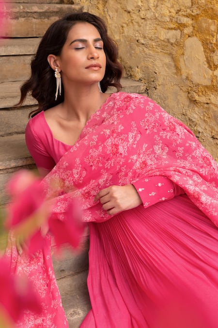 Buy_Suruchi Parakh_Pink Georgette, Net Embroidery Round Pleated Anarkali With Floral Print Dupatta _Online_at_Aza_Fashions