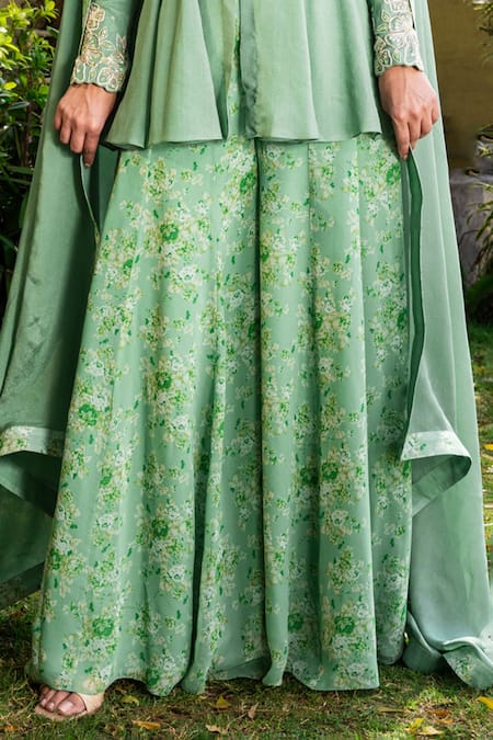 Suruchi Parakh_Green Georgette, Net Beads, Sequins, Embroidery Round Kurta Printed Sharara Set _Online_at_Aza_Fashions