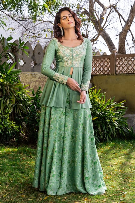 Buy_Suruchi Parakh_Green Georgette, Net Beads, Sequins, Embroidery Round Kurta Printed Sharara Set _Online_at_Aza_Fashions