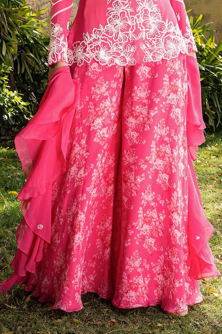Suruchi Parakh Pink Georgette Embroidery Scoop Neck Floral Hand Kurta And Sharara Set Online at Aza Fashions Suruchi Parakh_Pink Georgette Embroidery Scoop Neck Floral Hand Kurta And Sharara Set _Online_at_Aza_Fashions