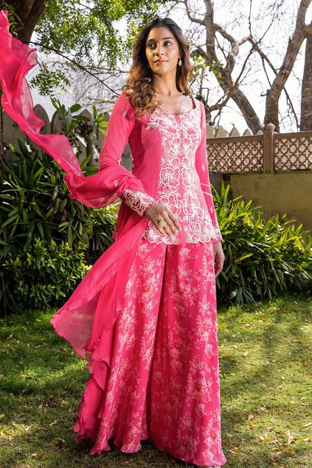 Buy Suruchi Parakh Pink Georgette Embroidery Scoop Neck Floral Hand Kurta And Sharara Set Online at Aza Fashions Buy_Suruchi Parakh_Pink Georgette Embroidery Scoop Neck Floral Hand Kurta And Sharara Set _Online_at_Aza_Fashions