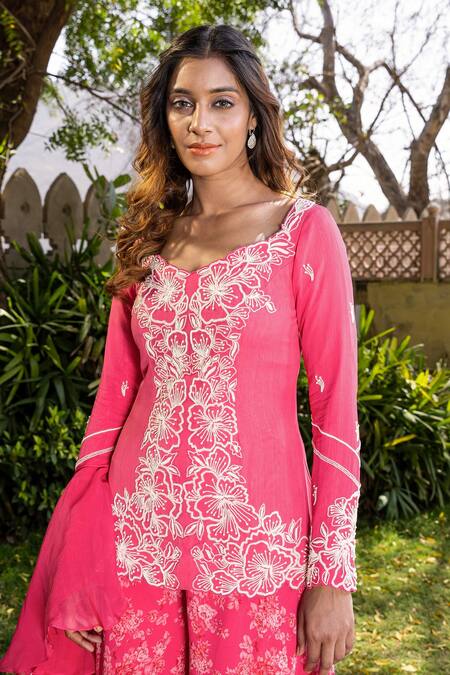 Shop Suruchi Parakh Pink Georgette Embroidery Scoop Neck Floral Hand Kurta And Sharara Set Online at Aza Fashions Shop_Suruchi Parakh_Pink Georgette Embroidery Scoop Neck Floral Hand Kurta And Sharara Set _Online_at_Aza_Fashions
