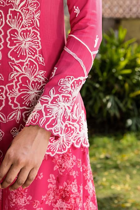 Suruchi Parakh Pink Georgette Embroidery Scoop Neck Floral Hand Kurta And Sharara Set at Aza Fashions Suruchi Parakh_Pink Georgette Embroidery Scoop Neck Floral Hand Kurta And Sharara Set _at_Aza_Fashions
