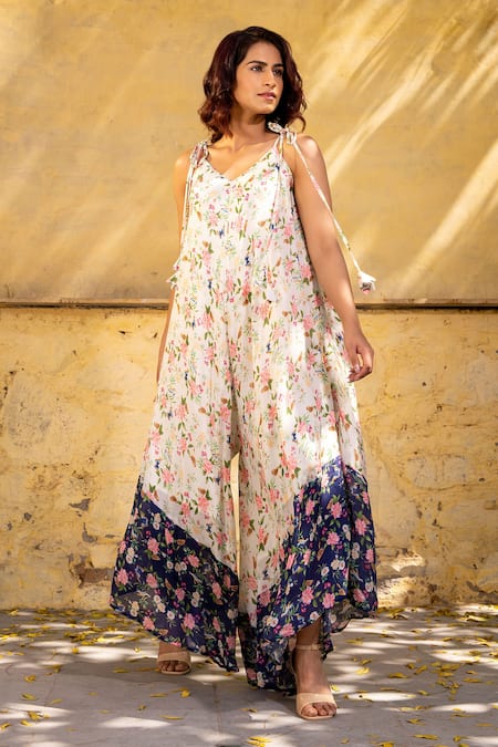 Shop_Suruchi Parakh_White Georgette, Crepe V-neck Floral Print Asymmetric Jumpsuit _Online_at_Aza_Fashions