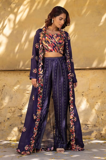 Suruchi Parakh Purple Georgette Embroidery Sweetheart Neck Floral Jacket And Pant Set Online at Aza Fashions Suruchi Parakh_Purple Georgette Embroidery Sweetheart Neck Floral Jacket And Pant Set _Online_at_Aza_Fashions