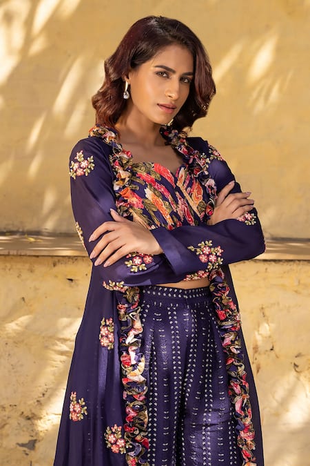 Buy Suruchi Parakh Purple Georgette Embroidery Sweetheart Neck Floral Jacket And Pant Set Online at Aza Fashions Buy_Suruchi Parakh_Purple Georgette Embroidery Sweetheart Neck Floral Jacket And Pant Set _Online_at_Aza_Fashions