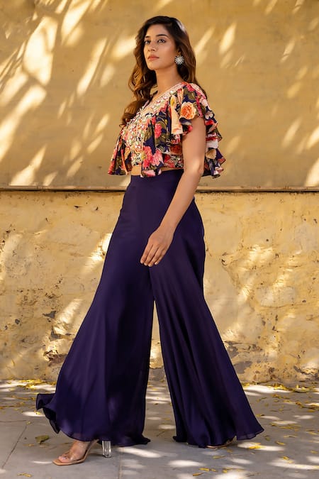 Suruchi Parakh Purple Georgette Embroidery, Sequins V-neck Hand Crop Top And Pant Set Online at Aza Fashions Suruchi Parakh_Purple Georgette Embroidery, Sequins V-neck Hand Crop Top And Pant Set _Online_at_Aza_Fashions