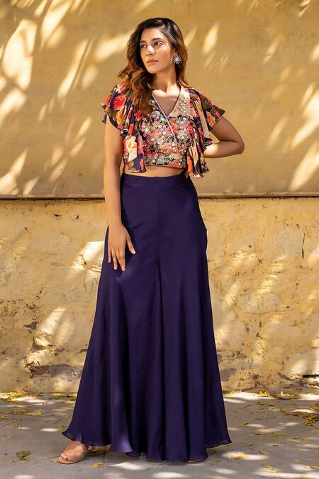 Buy Suruchi Parakh Purple Georgette Embroidery, Sequins V-neck Hand Crop Top And Pant Set Online at Aza Fashions Buy_Suruchi Parakh_Purple Georgette Embroidery, Sequins V-neck Hand Crop Top And Pant Set _Online_at_Aza_Fashions