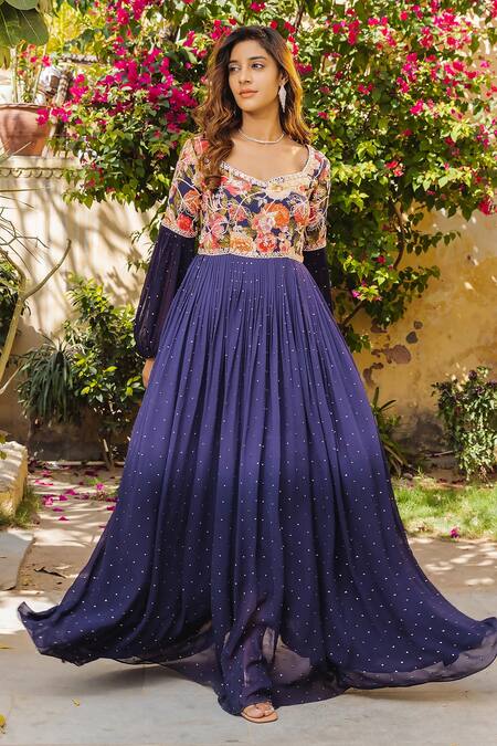 Buy Suruchi Parakh Purple Georgette Sequins, Beads V-neck Flower Print Yoke Anarkali With Dupatta Online at Aza Fashions Buy_Suruchi Parakh_Purple Georgette Sequins, Beads V-neck Flower Print Yoke Anarkali With Dupatta _Online_at_Aza_Fashions