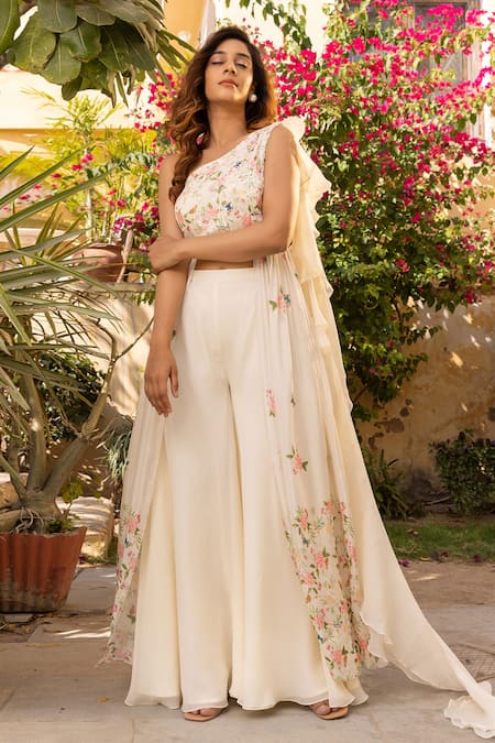 Buy Suruchi Parakh White Georgette, Crepe Cut Work, Sequins, Embroidery Top And Flared Pant Set Online at Aza Fashions Buy_Suruchi Parakh_White Georgette, Crepe Cut Work, Sequins, Embroidery Top And Flared Pant Set _Online_at_Aza_Fashions