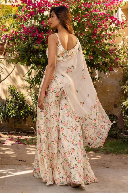 Suruchi Parakh Off White Georgette, Crepe Embroidery Printed Crop Top Pant Set Online at Aza Fashions Suruchi Parakh_Off White Georgette, Crepe Embroidery Printed Crop Top Pant Set _Online_at_Aza_Fashions