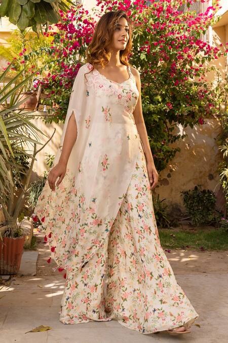 Buy Suruchi Parakh Off White Georgette, Crepe Embroidery Printed Crop Top Pant Set Online at Aza Fashions Buy_Suruchi Parakh_Off White Georgette, Crepe Embroidery Printed Crop Top Pant Set _Online_at_Aza_Fashions