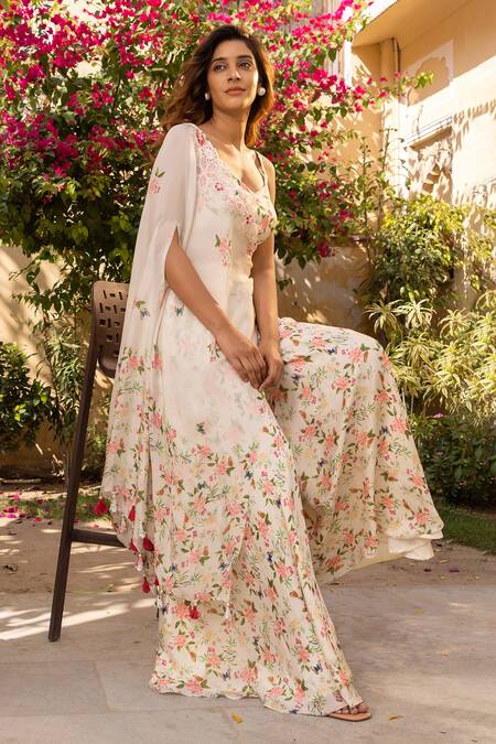 Shop Suruchi Parakh Off White Georgette, Crepe Embroidery Printed Crop Top Pant Set Online at Aza Fashions Shop_Suruchi Parakh_Off White Georgette, Crepe Embroidery Printed Crop Top Pant Set _Online_at_Aza_Fashions