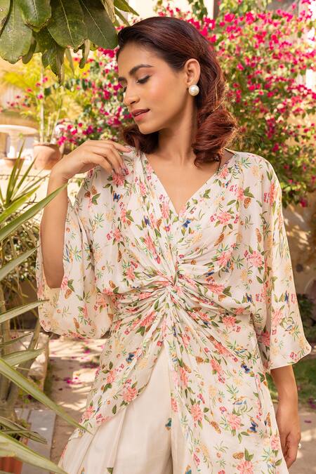 Shop Suruchi Parakh Off White Georgette, Crepe V-neck Flower Print Twist Top And Palazzo Set Online at Aza Fashions Shop_Suruchi Parakh_Off White Georgette, Crepe V-neck Flower Print Twist Top And Palazzo Set _Online_at_Aza_Fashions