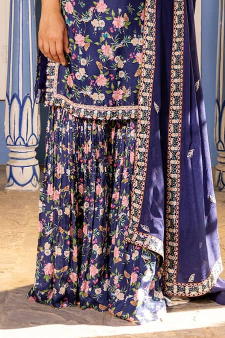 Suruchi Parakh Blue Georgette Embroidery Scoop Neck Garden Print Kurta Sharara Set Online at Aza Fashions Suruchi Parakh_Blue Georgette Embroidery Scoop Neck Garden Print Kurta Sharara Set _Online_at_Aza_Fashions