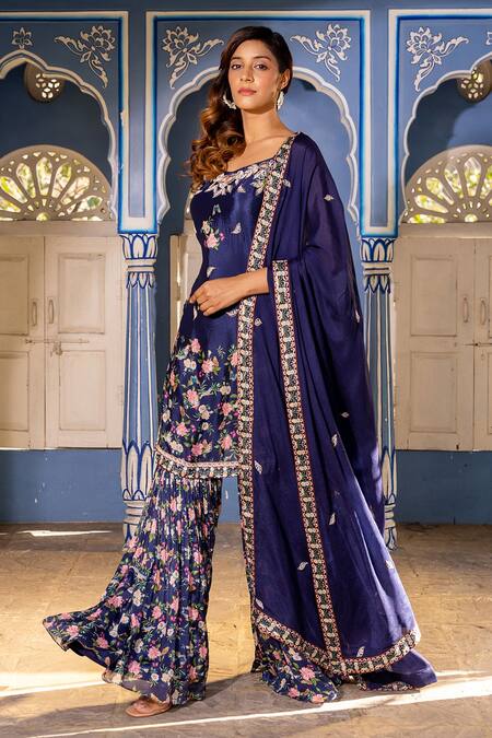 Buy Suruchi Parakh Blue Georgette Embroidery Scoop Neck Garden Print Kurta Sharara Set Online at Aza Fashions Buy_Suruchi Parakh_Blue Georgette Embroidery Scoop Neck Garden Print Kurta Sharara Set _Online_at_Aza_Fashions