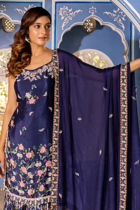 Shop Suruchi Parakh Blue Georgette Embroidery Scoop Neck Garden Print Kurta Sharara Set Online at Aza Fashions Shop_Suruchi Parakh_Blue Georgette Embroidery Scoop Neck Garden Print Kurta Sharara Set _Online_at_Aza_Fashions