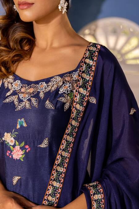 Suruchi Parakh Blue Georgette Embroidery Scoop Neck Garden Print Kurta Sharara Set at Aza Fashions Suruchi Parakh_Blue Georgette Embroidery Scoop Neck Garden Print Kurta Sharara Set _at_Aza_Fashions