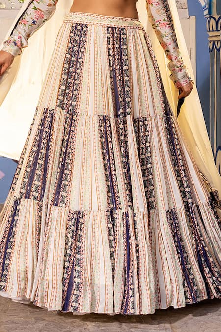 Suruchi Parakh_White Georgette, Crepe Pearls, Beads, Floral Pattern Multi Panelled Lehenga Set _Online_at_Aza_Fashions
