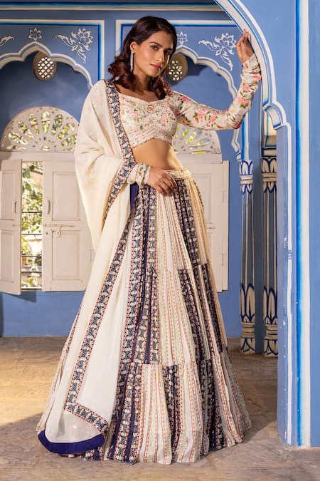 Buy_Suruchi Parakh_White Georgette, Crepe Pearls, Beads, Floral Pattern Multi Panelled Lehenga Set _Online_at_Aza_Fashions
