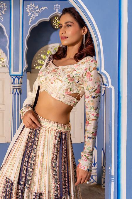 Suruchi Parakh_White Georgette, Crepe Pearls, Beads, Floral Pattern Multi Panelled Lehenga Set _at_Aza_Fashions