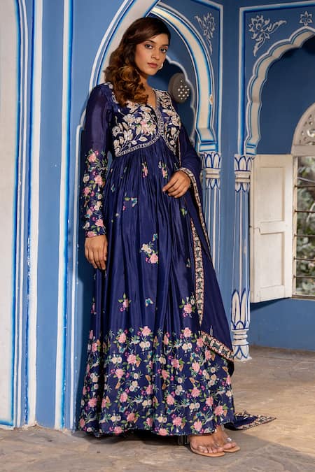 Suruchi Parakh_Blue Georgette Embroidery, Sequins V-neck Cutdana And Anarkali With Dupatta _Online_at_Aza_Fashions
