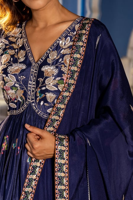 Buy_Suruchi Parakh_Blue Georgette Embroidery, Sequins V-neck Cutdana And Anarkali With Dupatta _Online_at_Aza_Fashions