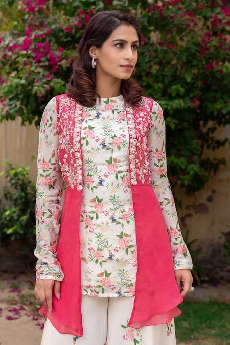 Suruchi Parakh_Off White Organza, Georgette Embroidery, Pearls Sleeveless Jacket Sharara Set _Online_at_Aza_Fashions