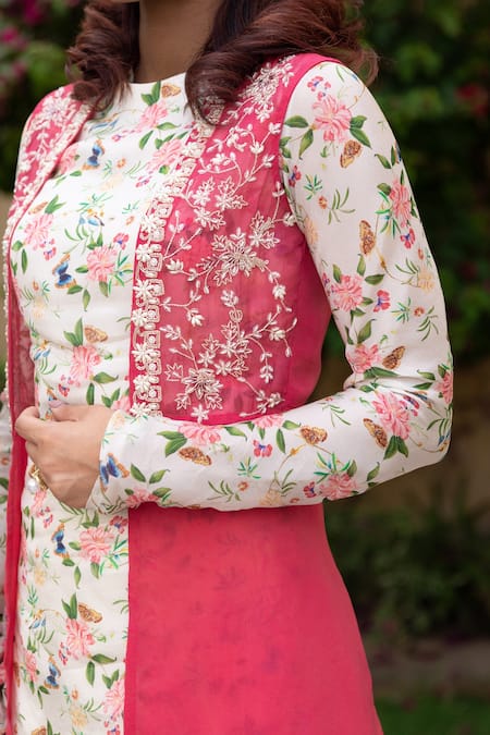 Buy_Suruchi Parakh_Off White Organza, Georgette Embroidery, Pearls Sleeveless Jacket Sharara Set _Online_at_Aza_Fashions