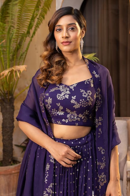 Suruchi Parakh Purple Georgette Sequins, Embroidery V-neck Lehenga Set Online at Aza Fashions Suruchi Parakh_Purple Georgette Sequins, Embroidery V-neck Lehenga Set _Online_at_Aza_Fashions
