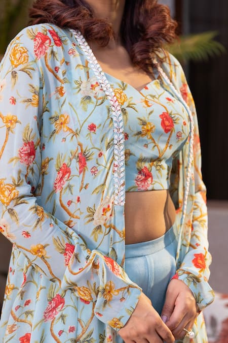 Buy Suruchi Parakh Blue Georgette Embroidery Round Neck, Floral Print Long Jacket And Pant Set Online at Aza Fashions Buy_Suruchi Parakh_Blue Georgette Embroidery Round Neck, Floral Print Long Jacket And Pant Set _Online_at_Aza_Fashions