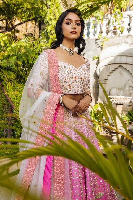 Shop_Suruchi Parakh_Pink Silk, Net Tassels, Sequins, Embroidery Sweetheart Ombre Bridal Lehenga Set_Online_at_Aza_Fashions