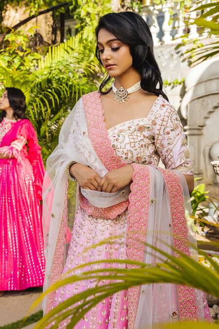 Suruchi Parakh_Pink Silk, Net Tassels, Sequins, Embroidery Sweetheart Ombre Bridal Lehenga Set_at_Aza_Fashions