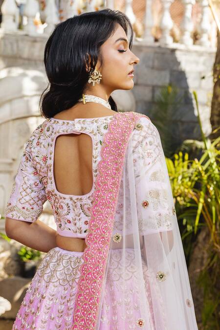 Buy_Suruchi Parakh_Pink Silk, Net Tassels, Sequins, Embroidery Sweetheart Ombre Bridal Lehenga Set