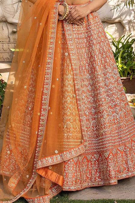 Suruchi Parakh_Orange Silk, Chiffon Embroidery, Gota Patti V-neck Floral Bridal Lehenga Set_Online_at_Aza_Fashions