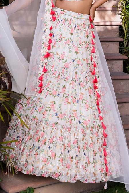 Suruchi Parakh_White Georgette, Crepe, Organza Embroidery, Tassels Tiered Printed Lehenga Set _Online_at_Aza_Fashions