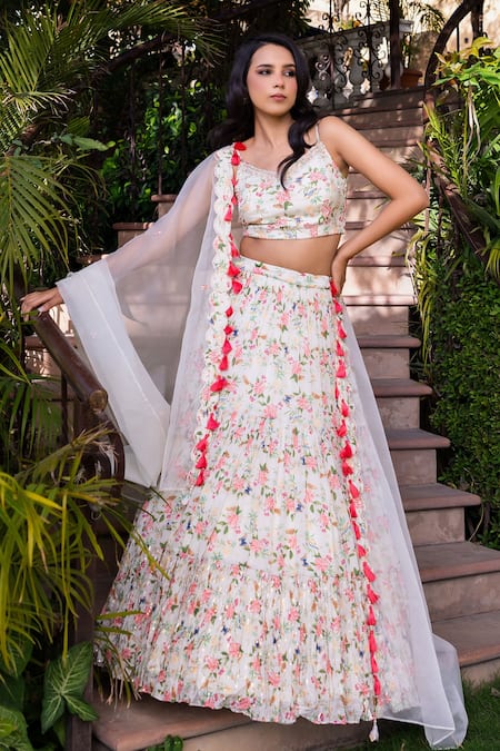 Buy_Suruchi Parakh_White Georgette, Crepe, Organza Embroidery, Tassels Tiered Printed Lehenga Set _Online_at_Aza_Fashions